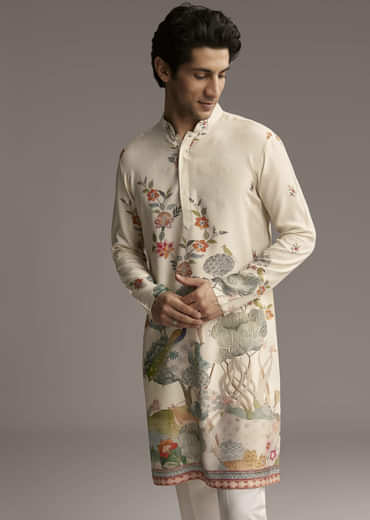 Off White Silk Kurta Set For Men With Scenic Nature Inspired Print