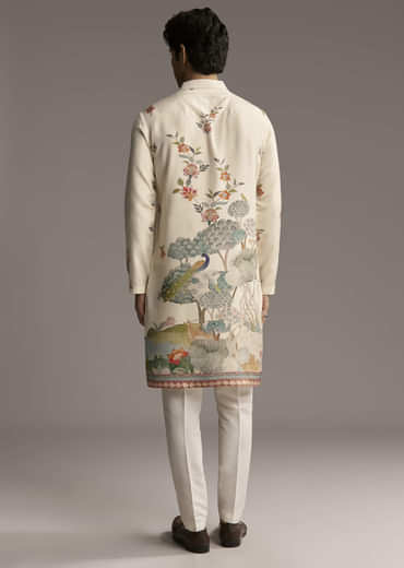 Off White Silk Kurta Set For Men With Scenic Nature Inspired Print