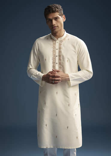 Off White Silk Kurta Set For Men With Zardosi And Aari Work