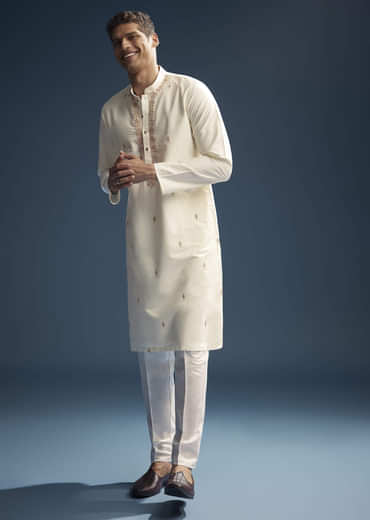 Off White Silk Kurta Set For Men With Zardosi And Aari Work