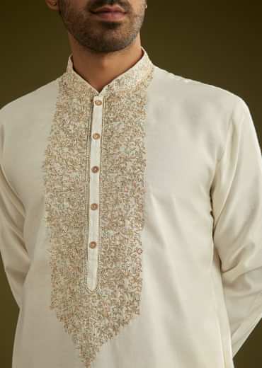 Off White Silk Kurta Set With Embroidered Yoke