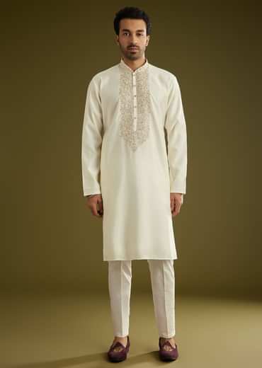 Off White Silk Kurta Set With Embroidered Yoke