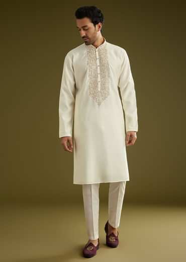 Off White Silk Kurta Set With Embroidered Yoke