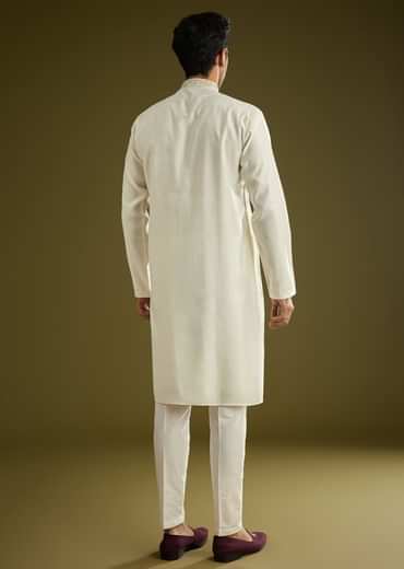 Off White Silk Kurta Set With Embroidered Yoke