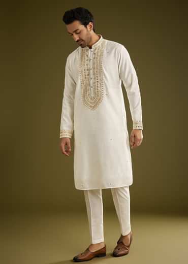 Off White Silk Kurta Set With Mirror Thread Embroidered Yoke
