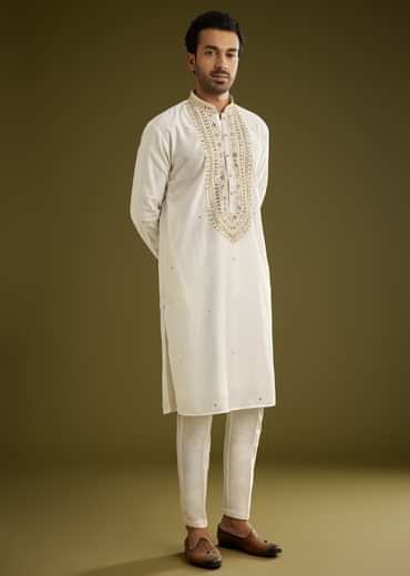 Off White Silk Kurta Set With Mirror Thread Embroidered Yoke