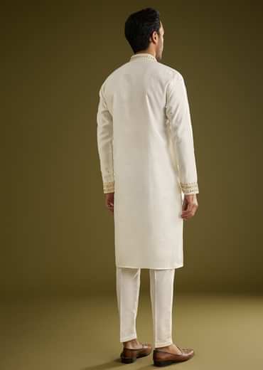 Off White Silk Kurta Set With Mirror Thread Embroidered Yoke