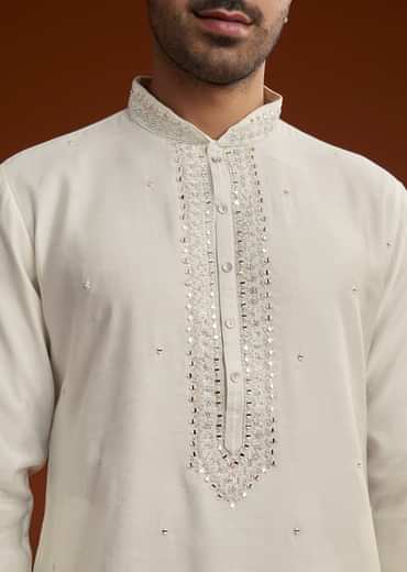 Off White Silk Kurta Set With Mirror Work