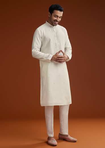 Off White Silk Kurta Set With Mirror Work