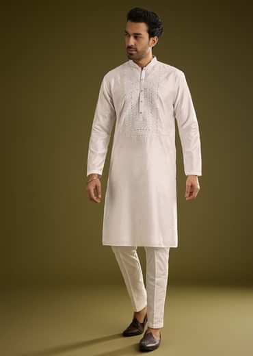 Off White Silk Kurta Set With Thread And Mirror Work