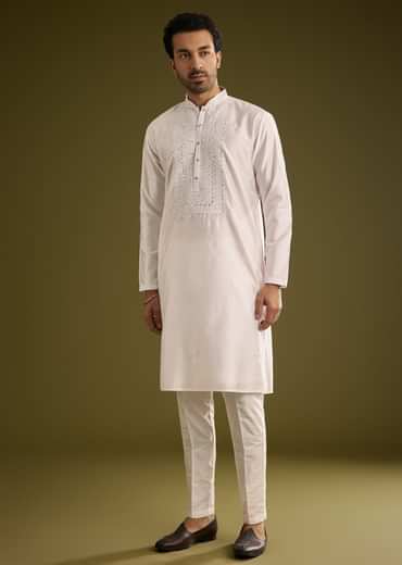 Off White Silk Kurta Set With Thread And Mirror Work