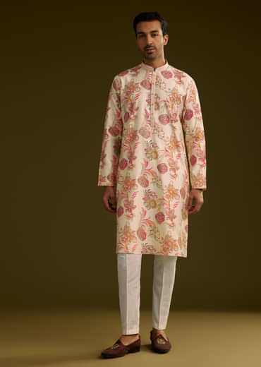 Off White Silk Kurta Set With Warm Coloured Nature Motifs