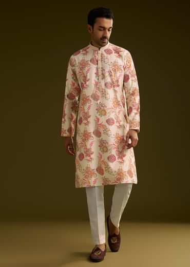 Off White Silk Kurta Set With Warm Coloured Nature Motifs