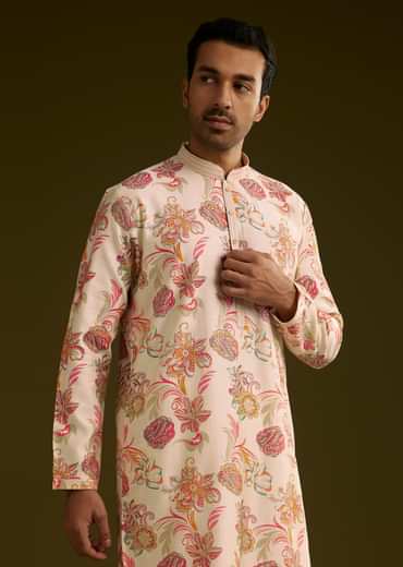 Off White Silk Kurta Set With Warm Coloured Nature Motifs