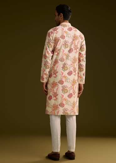 Off White Silk Kurta Set With Warm Coloured Nature Motifs