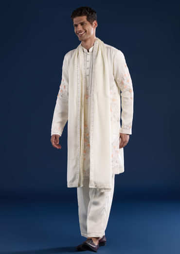 Off White Silk Linen Blend Mens Kurta Set with Dupatta