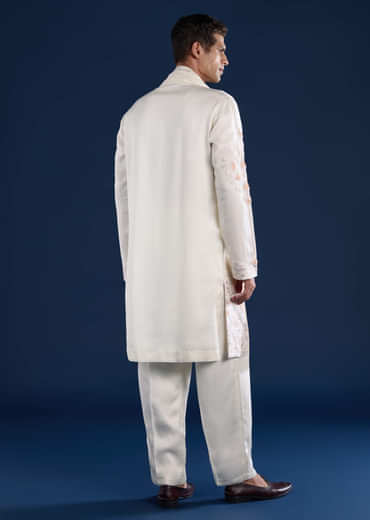 Off White Silk Linen Blend Mens Kurta Set with Dupatta
