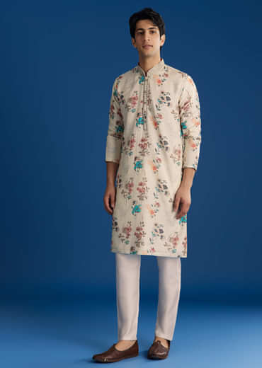 Off White Silk Linen Printed Kurta Set With Threadwork