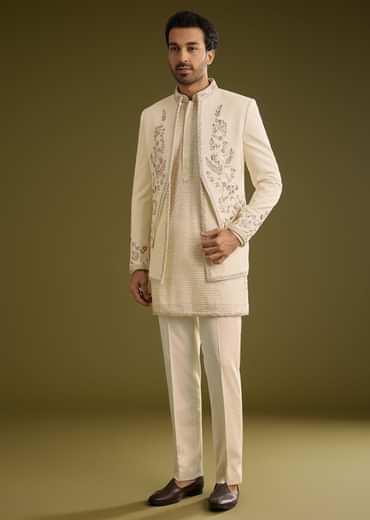 Off White Silk Lucknowi Indo Western Set With Resham Threadwork