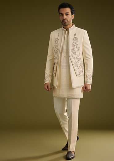 Off White Silk Lucknowi Indo Western Set With Resham Threadwork