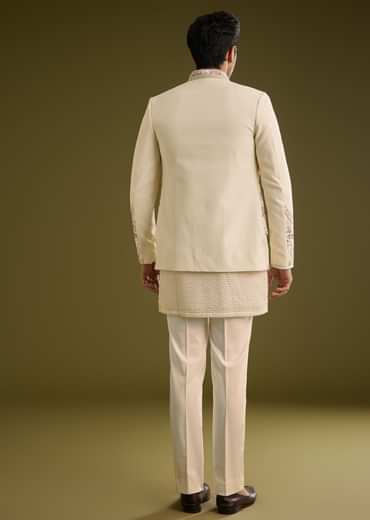 Off White Silk Lucknowi Indo Western Set With Resham Threadwork