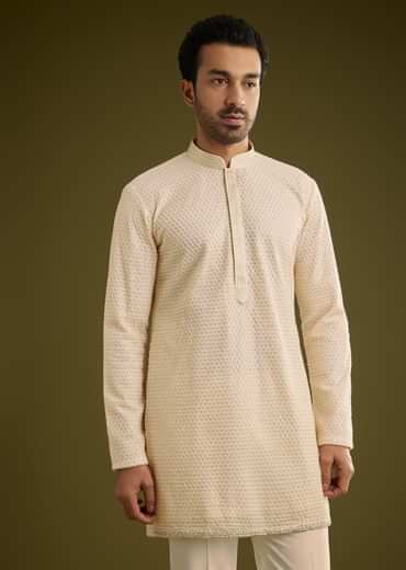 Off White Silk Lucknowi Indo Western Set With Resham Threadwork