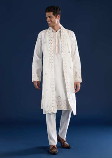 Off White Silk Mens Kurta Set with Dupatta