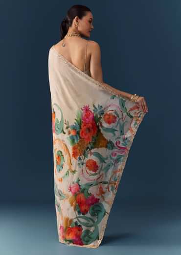 Off White Silk Printed Saree with Blouse Fabric