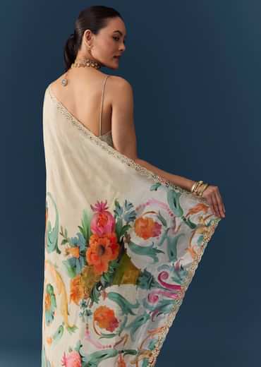 Off White Silk Printed Saree with Blouse Fabric