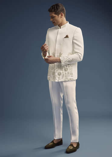 Off White Suiting Fabric Jodhpuri Suit For Men With Heavy Embroidery