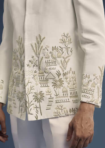 Off White Suiting Fabric Jodhpuri Suit For Men With Heavy Embroidery