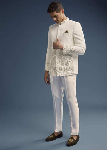 Off White Suiting Fabric Jodhpuri Suit For Men With Heavy Embroidery