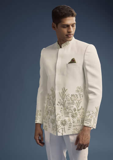 Off White Suiting Fabric Jodhpuri Suit For Men With Heavy Embroidery