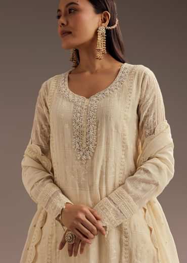 Off White Thread Motiwork Chanderi Kurta Dupatta Set