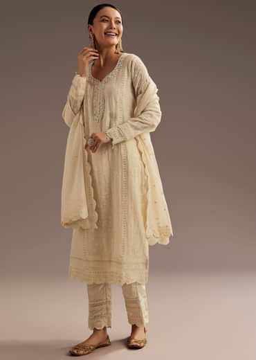 Off White Thread Motiwork Chanderi Kurta Dupatta Set