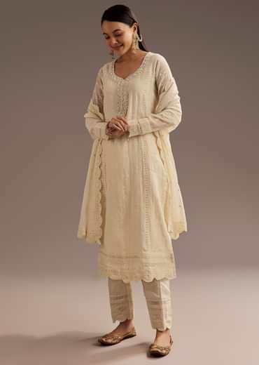 Off White Thread Motiwork Chanderi Kurta Dupatta Set