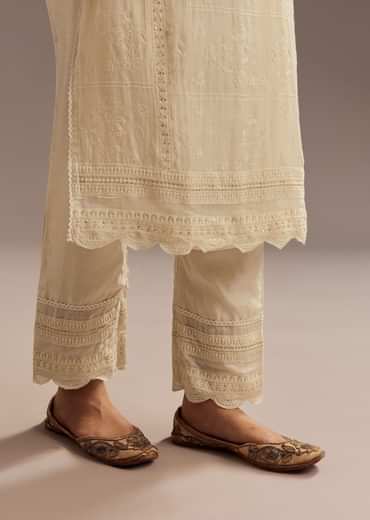 Off White Thread Motiwork Chanderi Kurta Dupatta Set