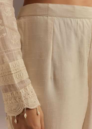 Off White Thread Motiwork Chanderi Kurta Dupatta Set