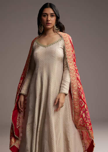 Off White Tissue Anarkali Suit With Butti Embroidery And Printed Silk Dupatta