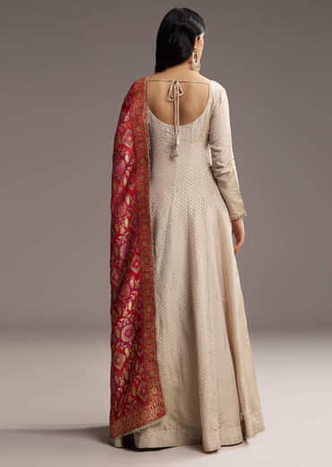 Off White Tissue Anarkali Suit With Butti Embroidery And Printed Silk Dupatta