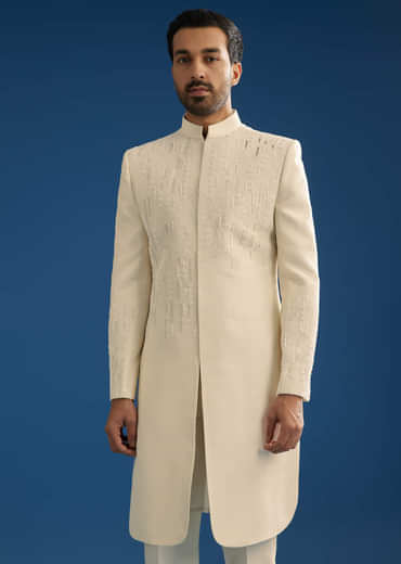 Off White Tussar Groomsman Sherwani Suit With Hand Embroidery