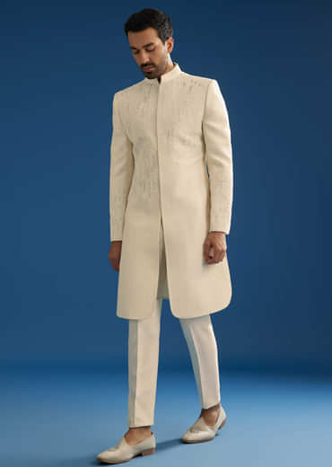 Off White Tussar Groomsman Sherwani Suit With Hand Embroidery