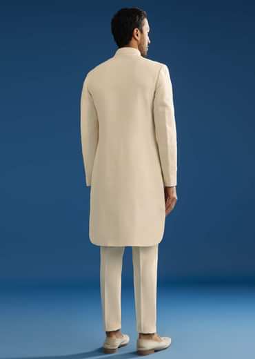 Off White Tussar Groomsman Sherwani Suit With Hand Embroidery