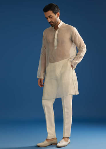Off White Tussar Groomsman Sherwani Suit With Hand Embroidery