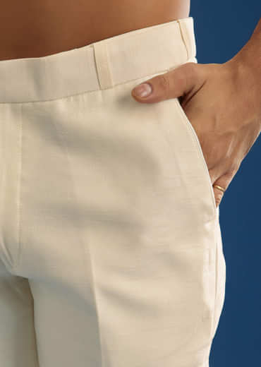 Off White Tussar Groomsman Sherwani Suit With Hand Embroidery