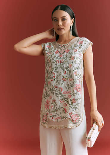 Off White Viscose Silk Short Kurta Set With Resham Work