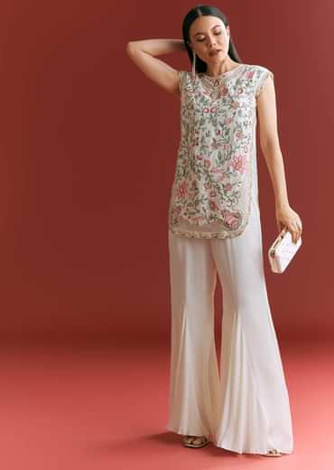 Off White Viscose Silk Short Kurta Set With Resham Work