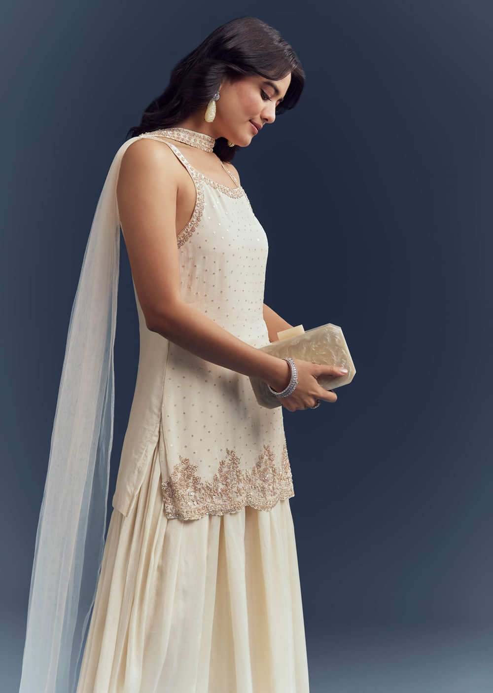 Off-White Chinon Palazzo Suit With Intricate Sequins Work