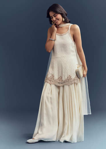 Off-White Chinon Palazzo Suit With Intricate Sequins Work