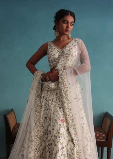 Off White 12 Kali Bridal Embroidered Lehenga In Raw Silk With Floral Handwork